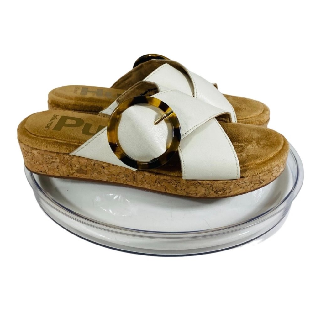 Hush Puppies Leather Sandals Womens 7 White Slip On Buckle Straps Platform Comfy